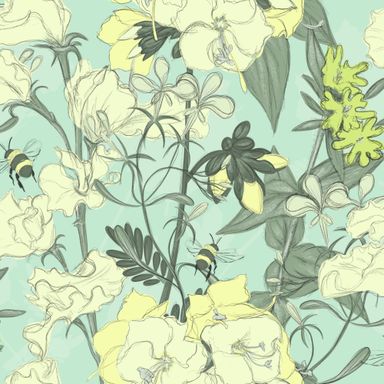 flowers and bees on minty green