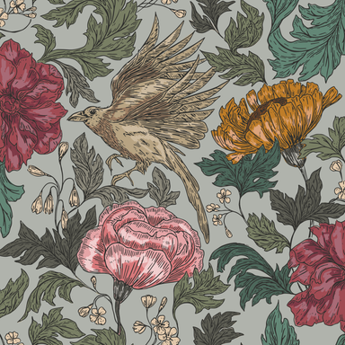 Vintage bird and English garden flowers